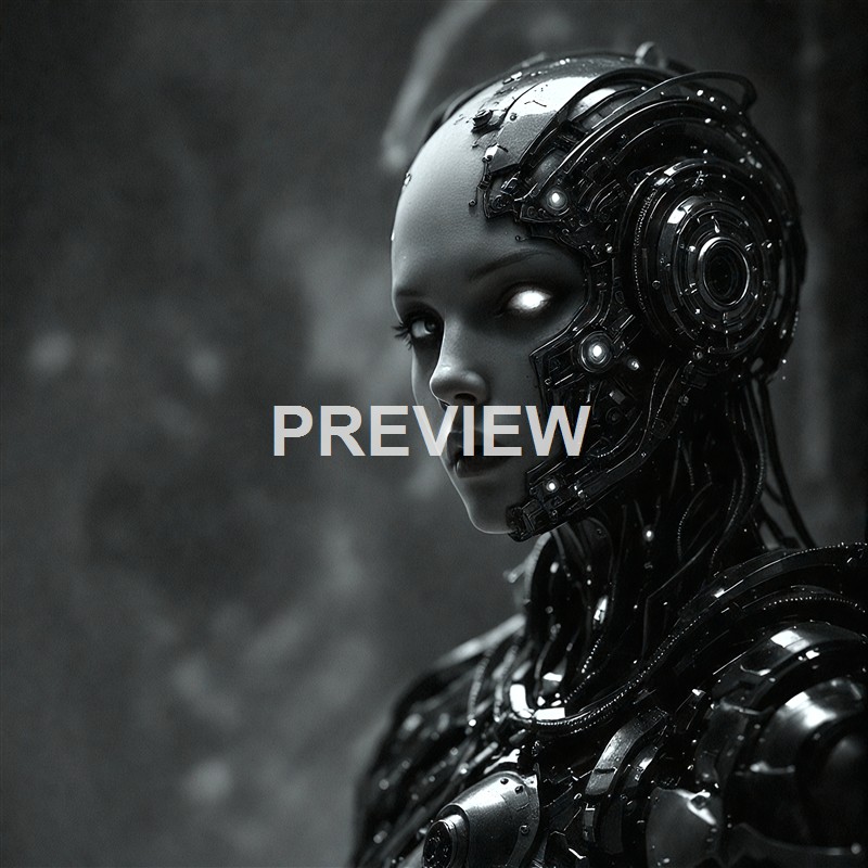 A humanoid robot with a sleek, metallic design and glowing eyes, featuring intricate circuitry and mechanical components on its face and head.